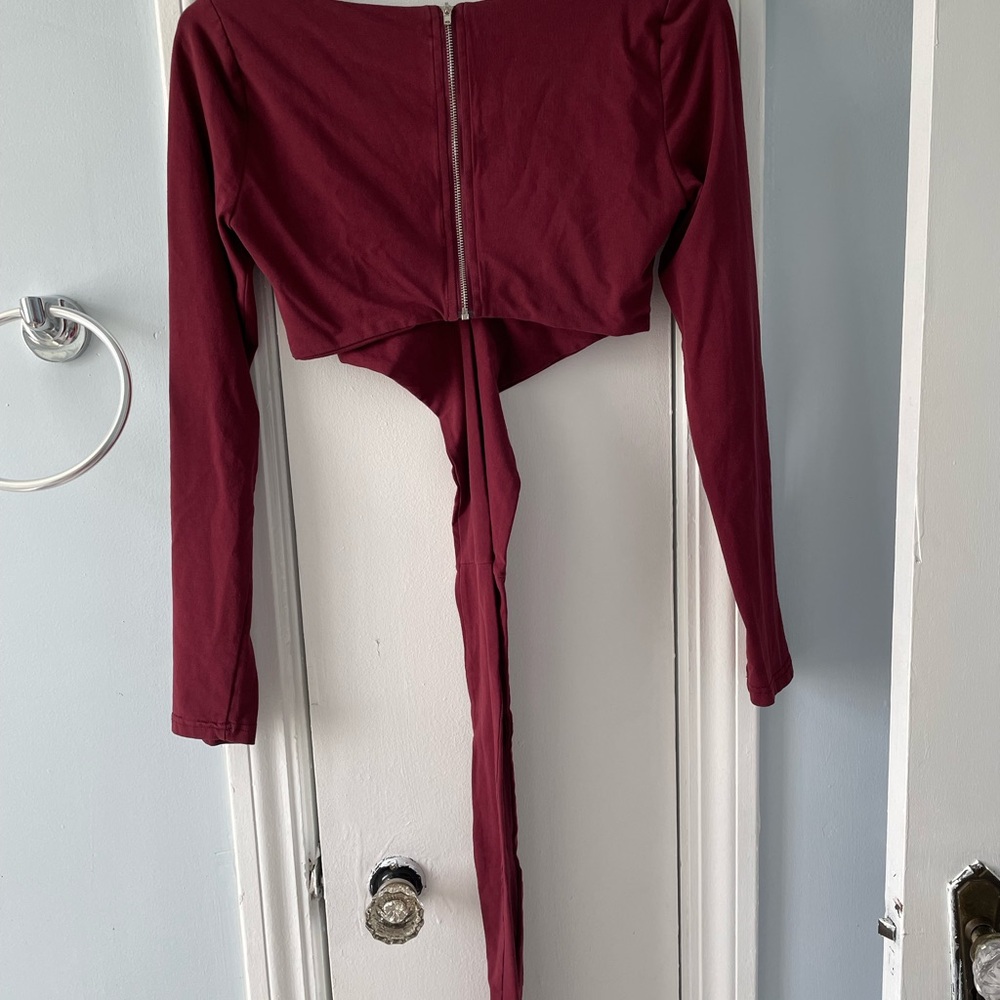 Burgundy Long Sleeve Wrap Crop Top - Picture 2 of 2